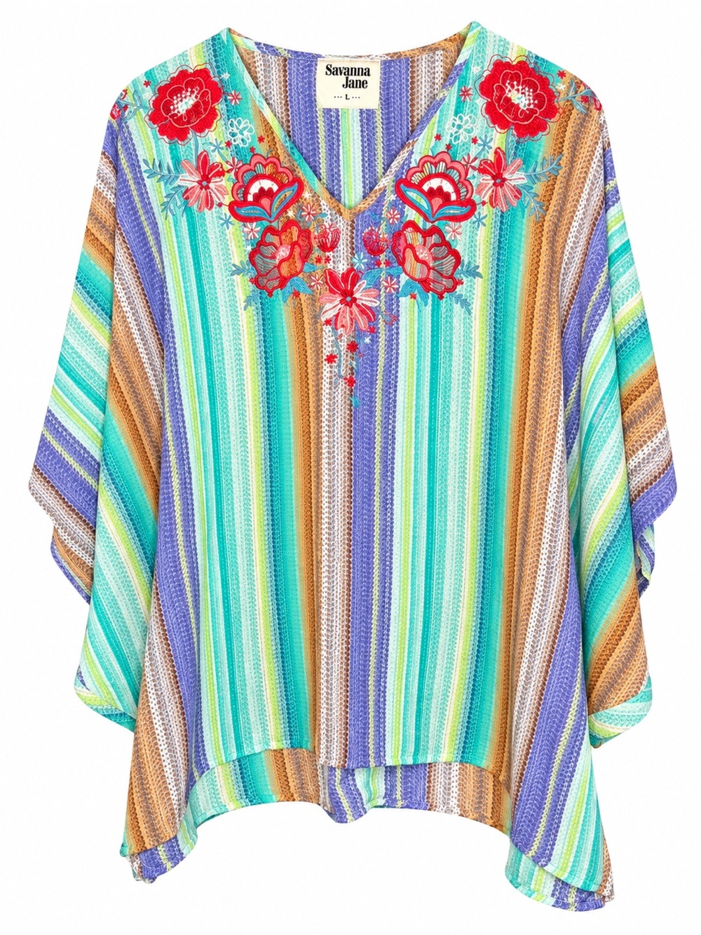 Savanna Jane Teal Multi-Stripe Embroidered V-Neck Poncho Top